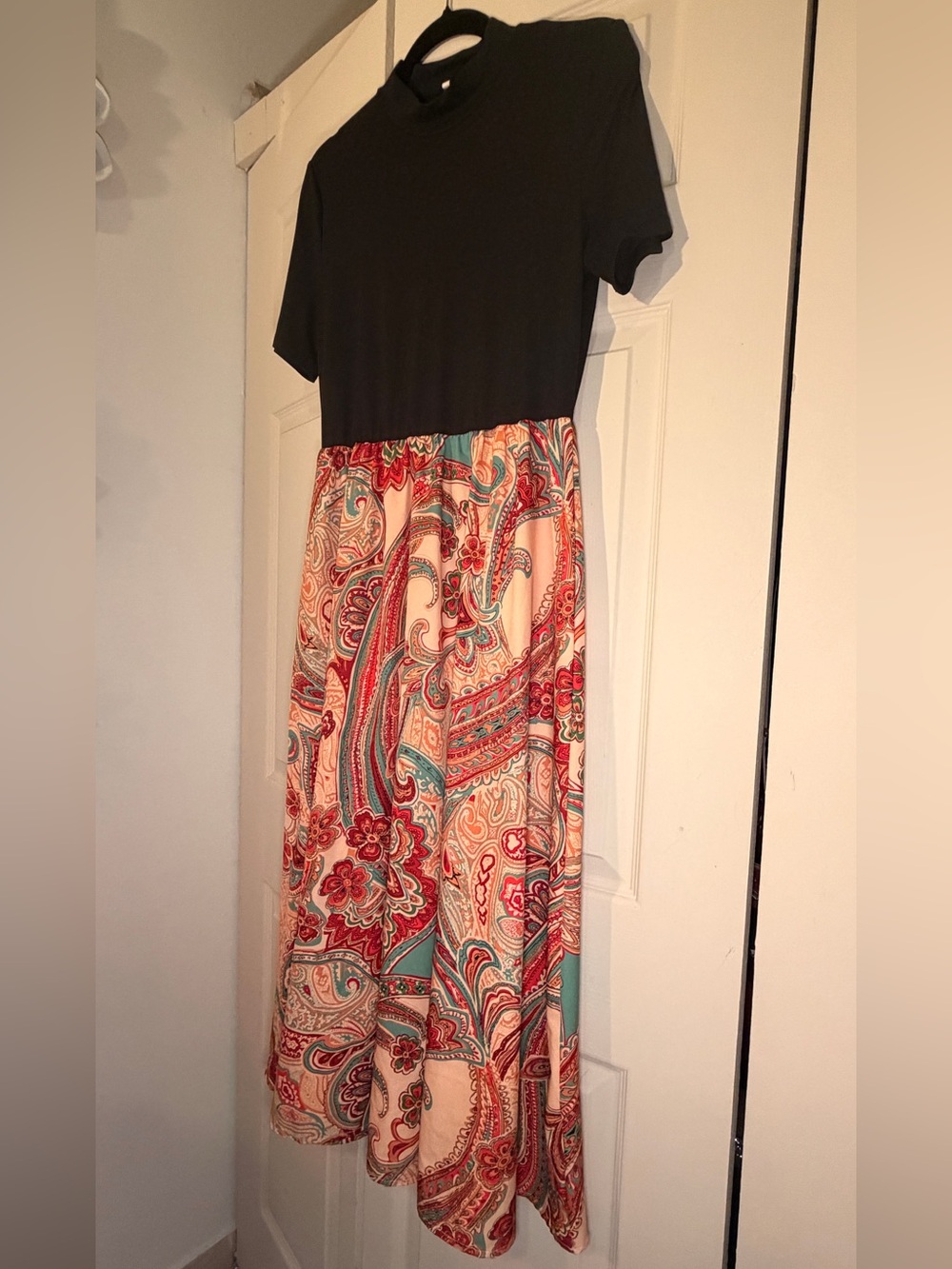 Black Top Maxi Dress with Red & Teal Paisley Skirt